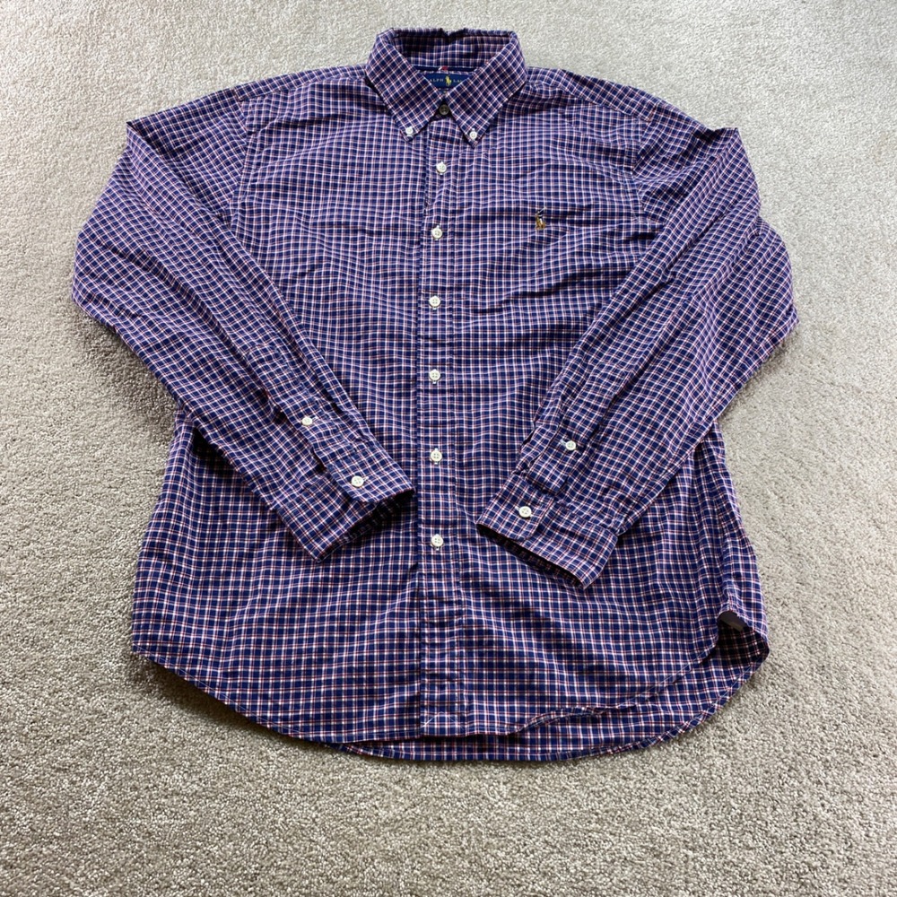 Ralph Lauren Button Down Shirt Mens Large Blue Red Plaid Slim Fit Cotton Stretch